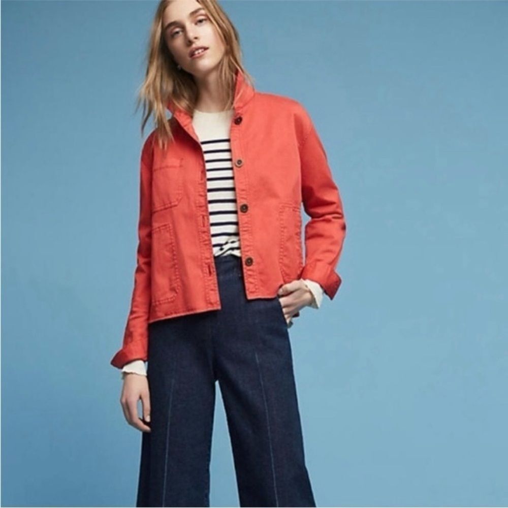 Anthropologie Chino Coral Orange Swing Jacket Preppy Coastal Fisherman Size L